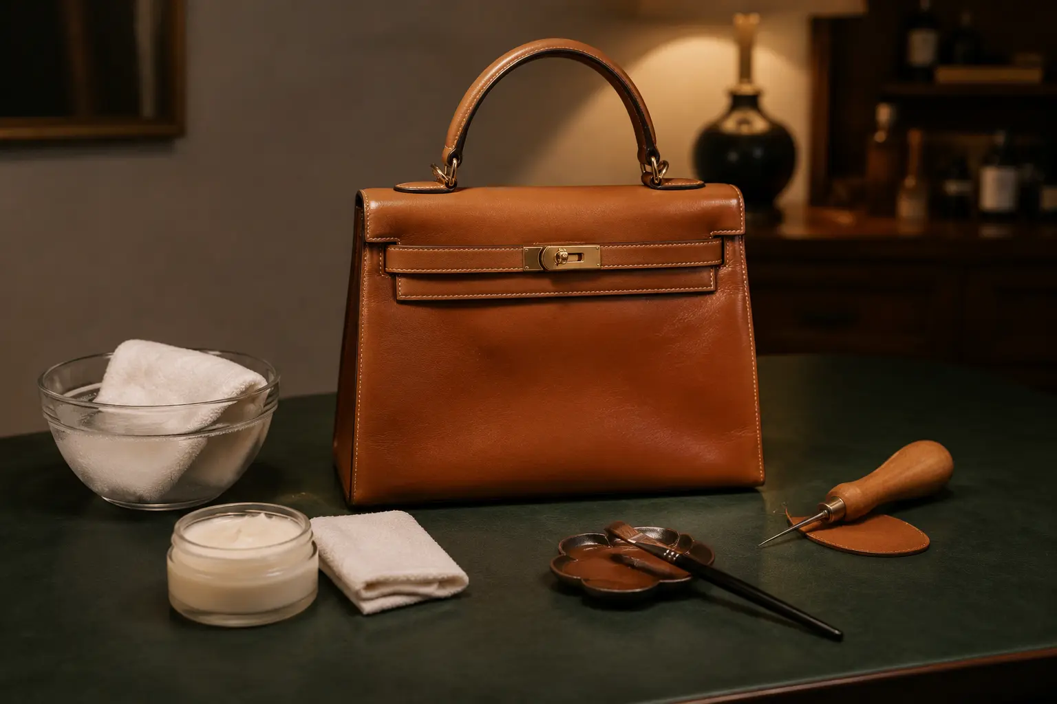 Leather goods, tools and care products on a workshop bench