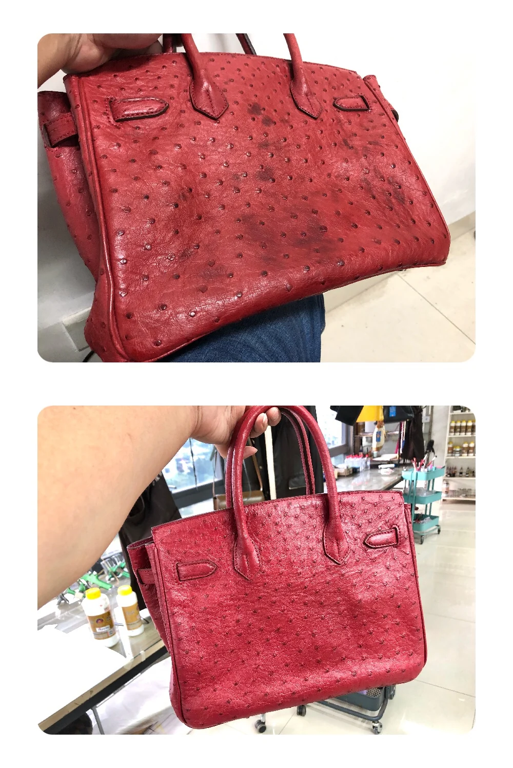 Ostrich leather restoration before and after